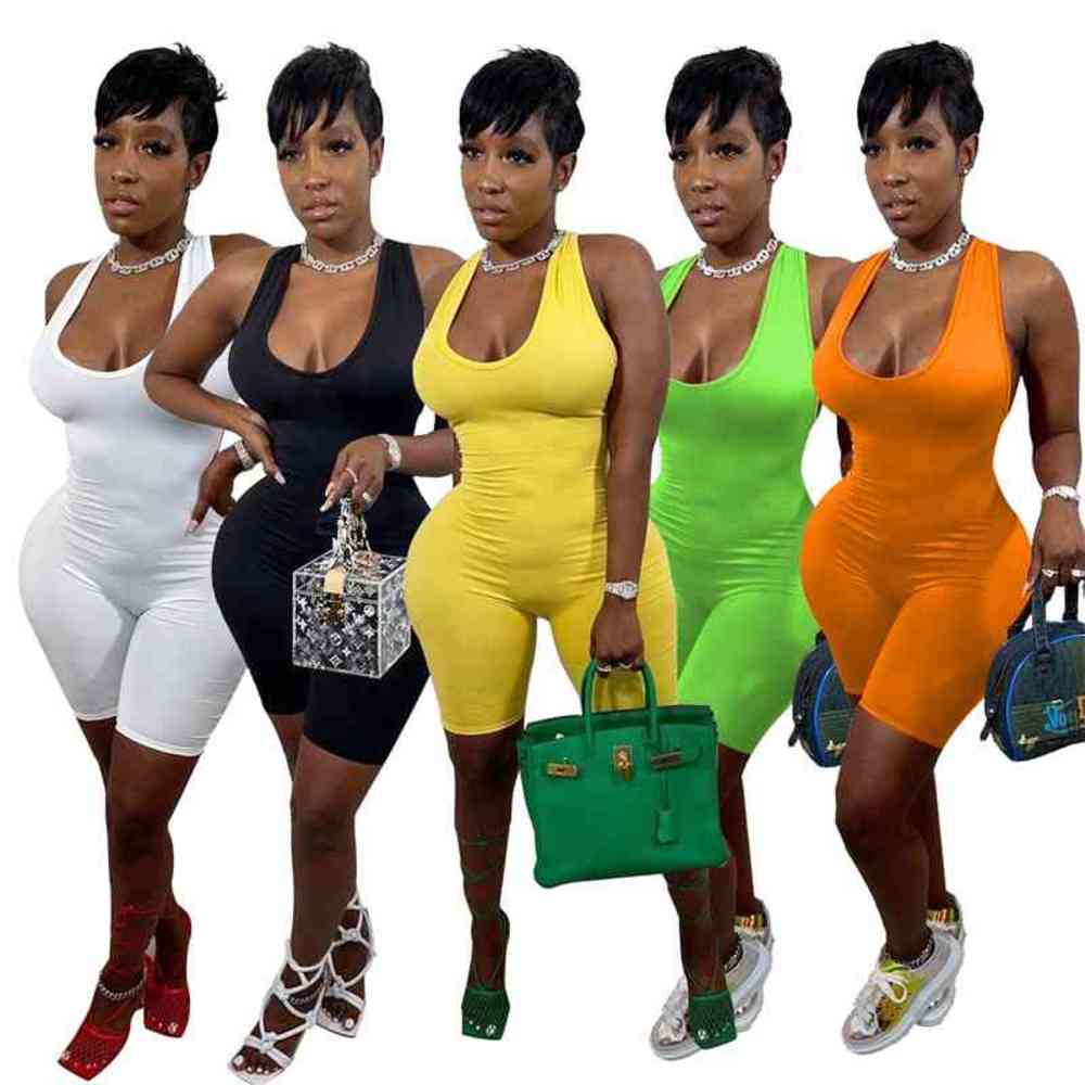 

Women Jumpsuits Sexy Sling Designer Summer Solid Color Sleeveless Vest Shorts Sports Rompers Club Tight Fashion Overalls Pants, Black;white
