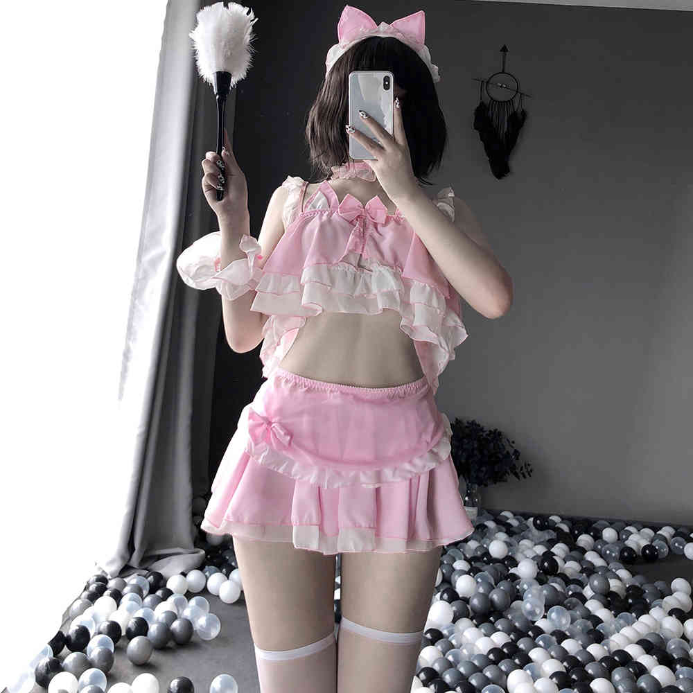 

Kawaii Sexy Cosplay Maid Costumes for Women Cos Cat Uniform Chiffon Servant Dress Ladies Soft Pajamas, Black