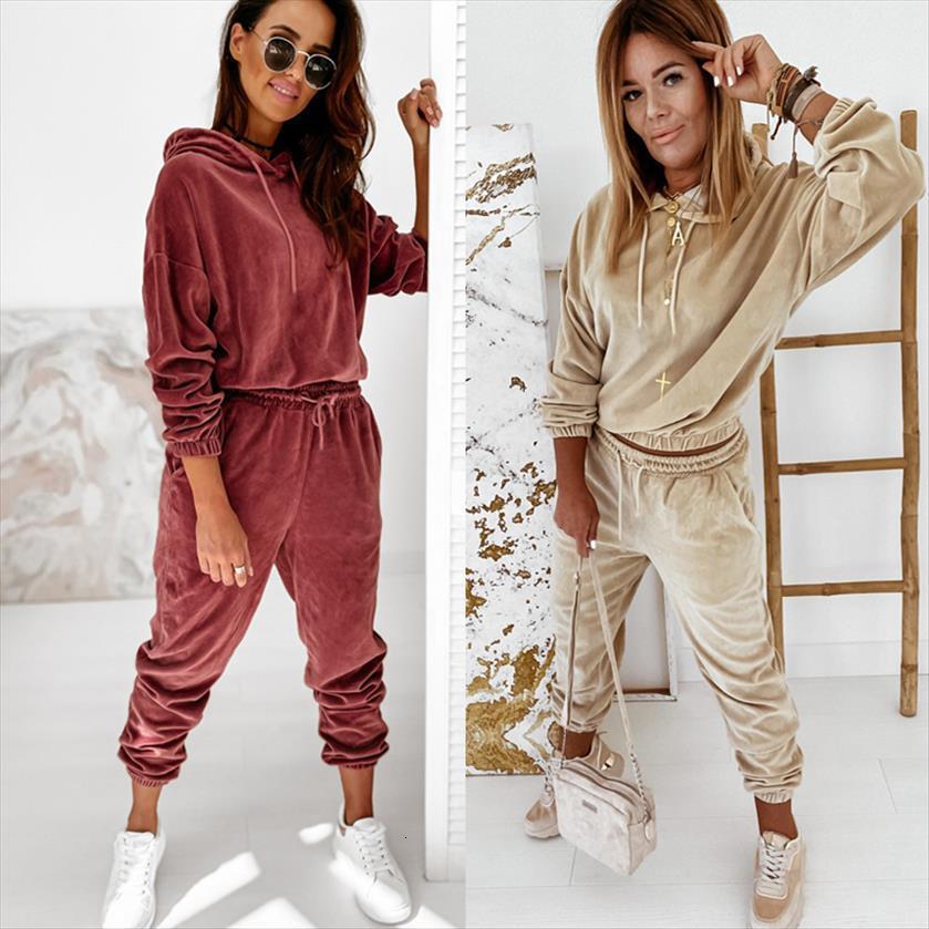 

autumn winter running sets two womenpant pieces sports suits solid color tracksuits long sleeve hooded jogger sweatpants, White