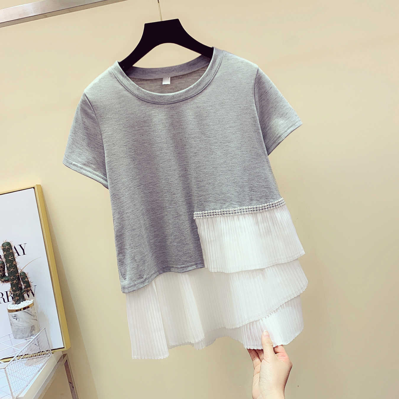

Spring And Summer Korean-style Irregular Joint Diamond Set Short-sleeved Cotton T-shirt Women's Loose-Fit 210615, Gray