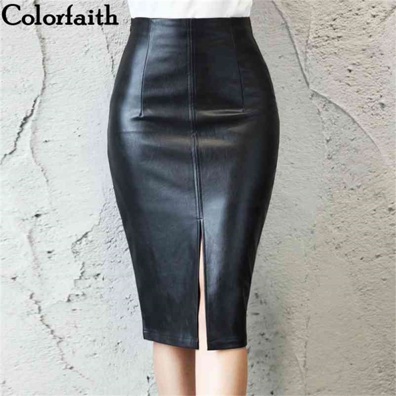 Colorfaith Women PU Leather Midi Skirt Spring Autumn Ladies Package Hip Front or Back Slit Pencil Skirt Plus Size SK8760 210412Z