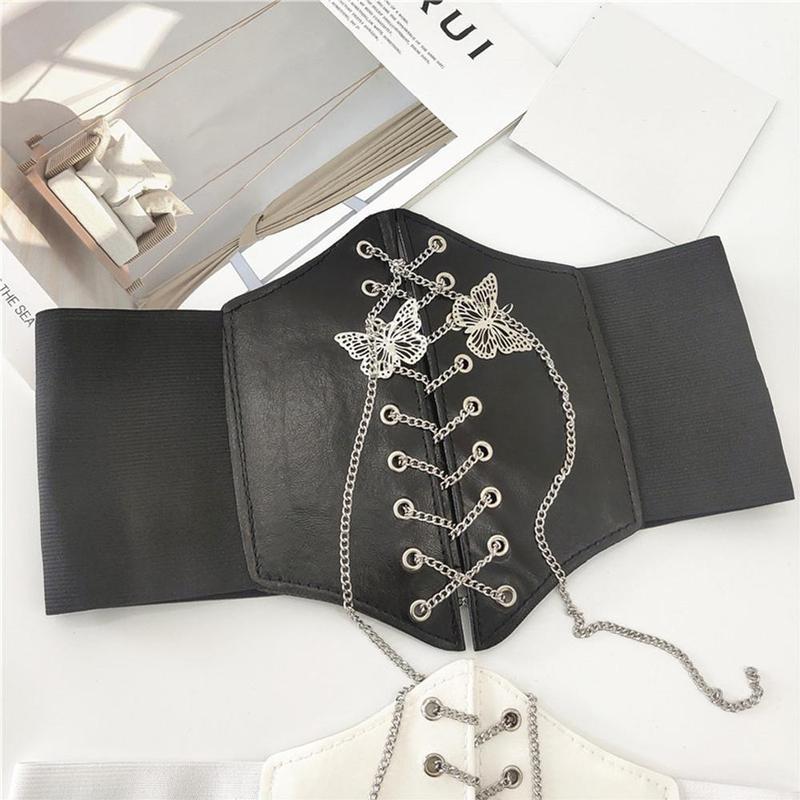 

Belts Women's Sexy Waist Band Butterfly Metal Chain Adjustable Seal Elastic Slimming Girdle Decorative Corset Belt, Black