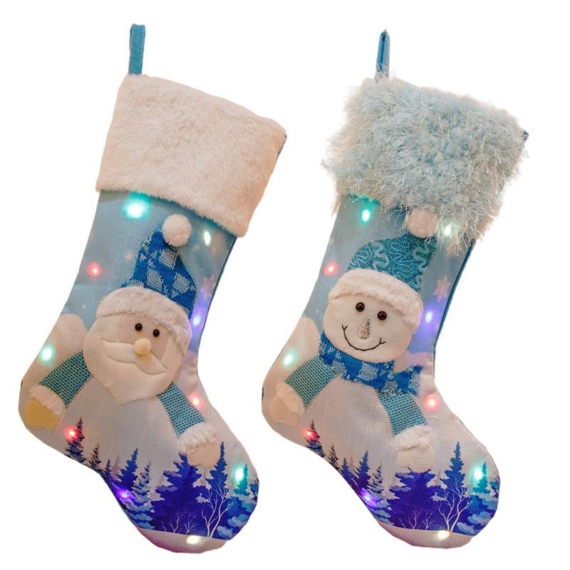 

Christmas Decorations Stockings Socks LED Light Up Snowman Santa Elk Bear Printing Xmas Candy Gift Bag 2022 Year Tree Decoration