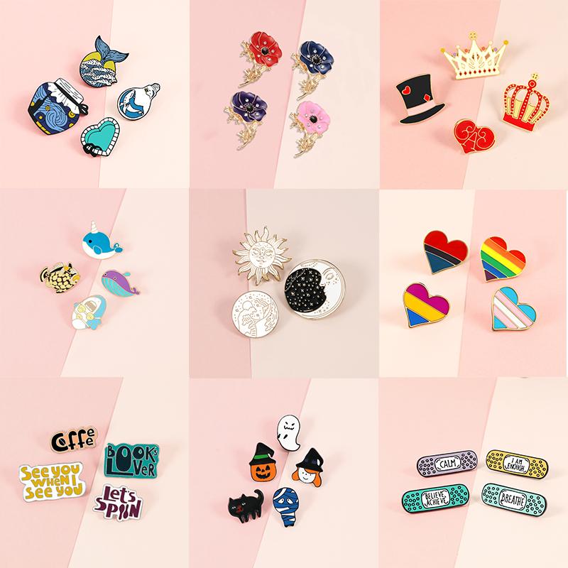 

Pins, Brooches Enamel Pin Set Heart Fish Letter Sun Moon Flower Halloween Brooch Bag Clothes Lapel Badge Cute Cartoon Animal Jewelry Gift