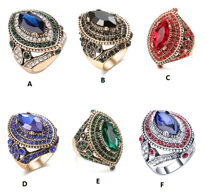 Fashion Bohemian Chunky Jewelry Rings US Size 7-10 Vintage Gold Plated Blue Crystal Gemstone Ring for Women Index Finger Wholesale
