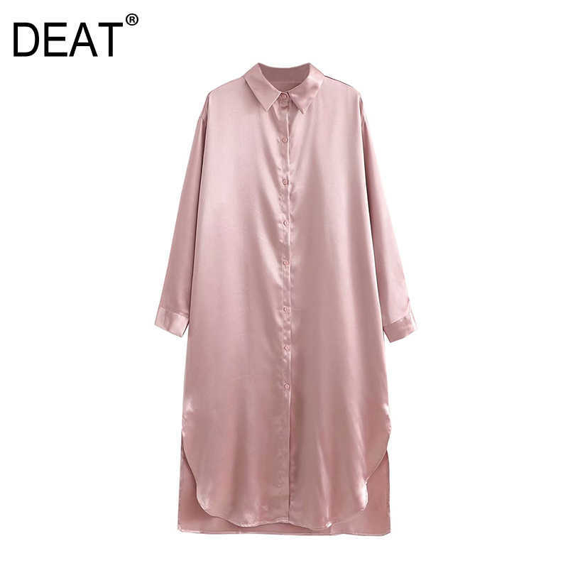 

[DEAT] Spring Autumn Fashion Women Turn-down Collar Single-breasted Long Sleeve Solid Color Dress 13A952 210527, Pink