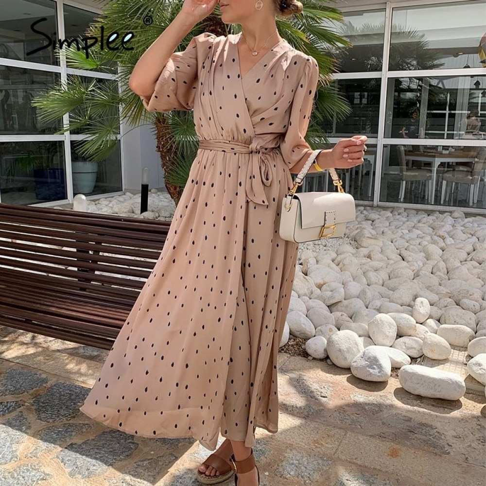 

Simplee Polka dot women wrap dress Elegant puff sleeve a line v neck sash party dress Wrap work wear streetwear retro maxi dress, Blue
