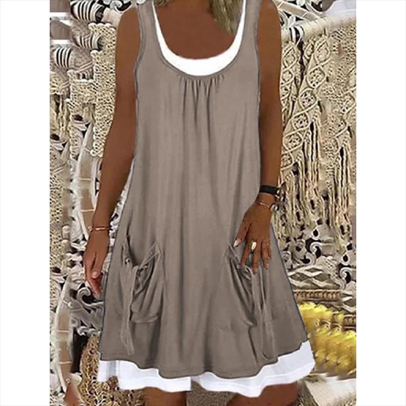 

plus size two piece womens dress set sleeveless pockets summer solid bohemian tank dresses casual female loose beach s 5xl, Black;gray