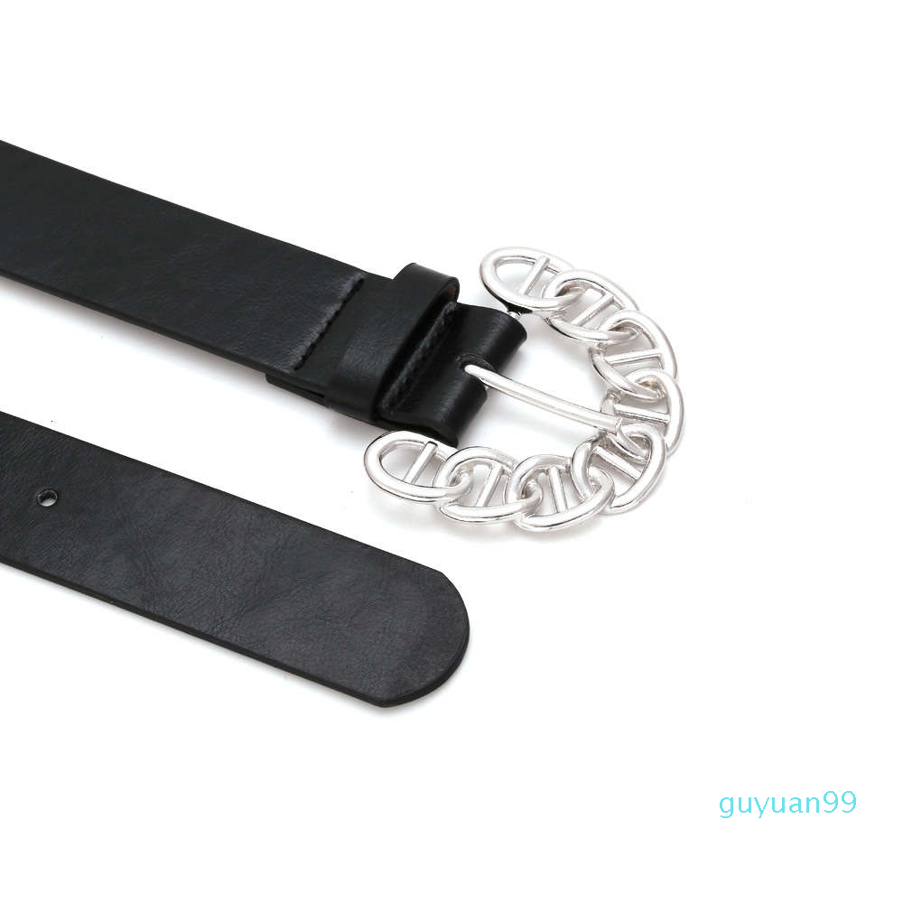 

Belt geometric D-shaped chain three dimensional hollow out pin buckle belt waist seal, Black