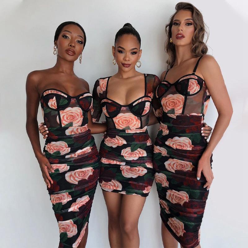 

Casual Dresses Floral Print Mini Dress Women Spring Square Collar Corset Bodycon Streetwear Festival Elegant Skinny Ruched Vestidos, Crop top
