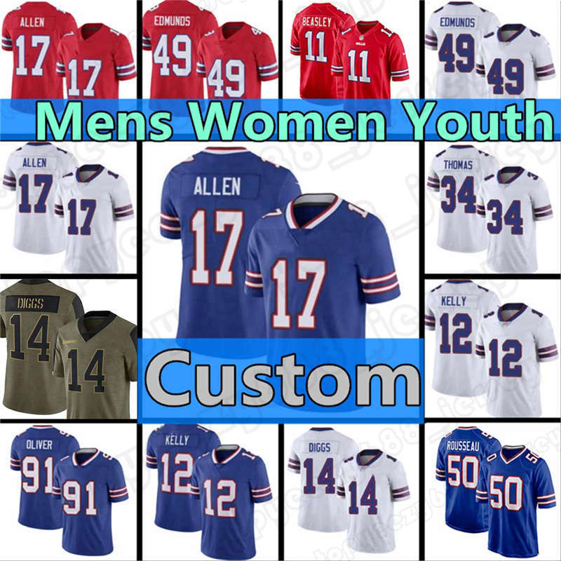 

Custom 17 Josh Allen 14 Stefon Diggs Tre'Davious White Cole Beasley Football Bill Jerseys 49 Tremaine Edm Zack Moss Jim Kelly Mens Buffalo Thurman Thomas, Custom youth(bier)