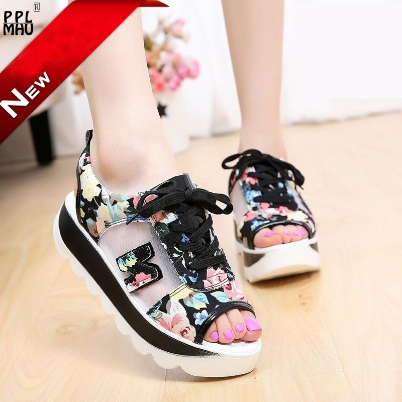

Women's Printing Sandals Fish Mouth Mesh Thick Bottom Rocking Shoes Summer Casual Lace Up Fashion Sports, Black