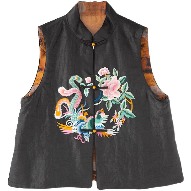 

Women's Vests Double-Sided Short Waistcoat Women Autumn And Winter Silk Fragrant Cloud Yarn Chinese Style Embroidery Add Cotton Vest -3XL, Black