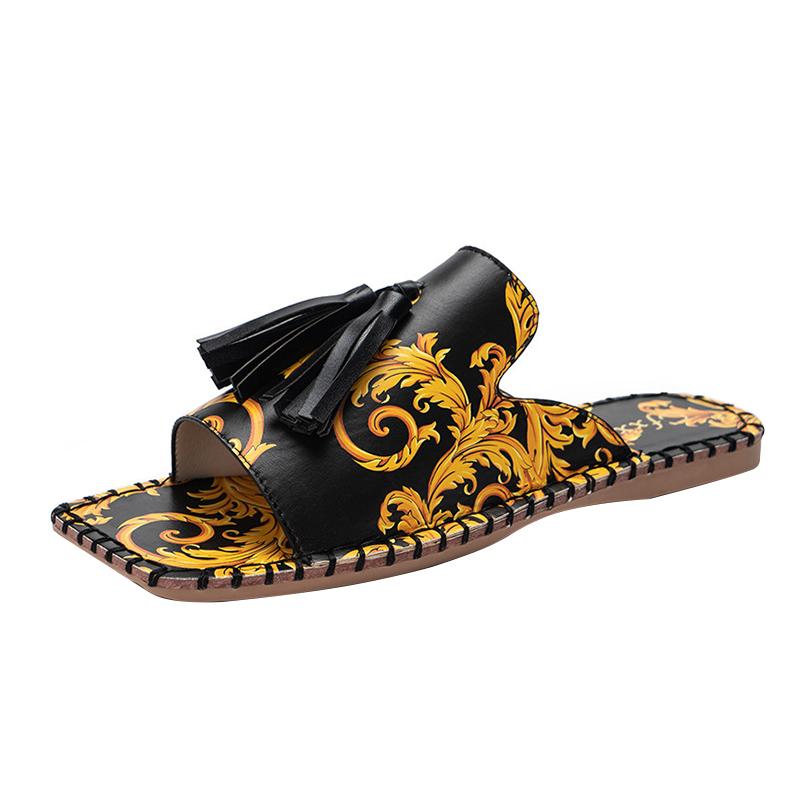 

Women Slippers Fashion Tassels Summer Shoes Brand Beach Slides Retro Mules For Flat Slipper Outdoor, Black