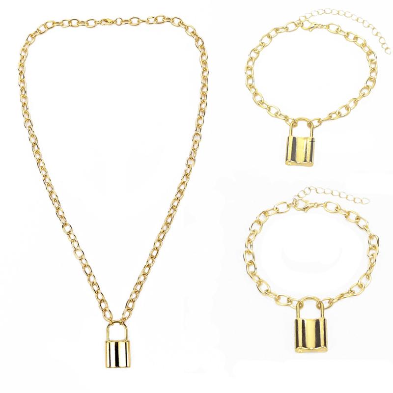 

Three Piece Suit Lock Chain Necklace Punk 90s Link Gold Color Padlock Pendant Women Fashion Gothic Jewelry Necklaces
