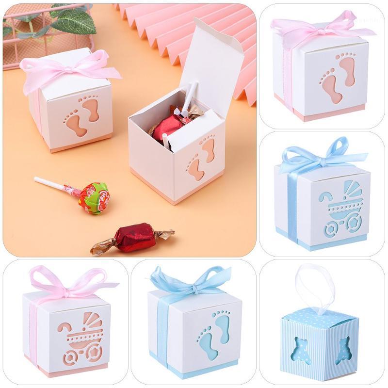 

Gift Wrap 10Pcs Blue&Pink Baby Carriage Laser Cut Hollow Favors Gifts Candy Boxes With Ribbon Shower Wedding Party Supplies