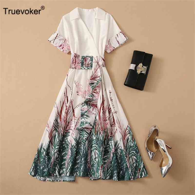 

Truevoker Women Runway High Stree Turn Down Collar Vintage Print Belted Midi Long Dress Mujer Hepburn Festa Robe 210602, Multi