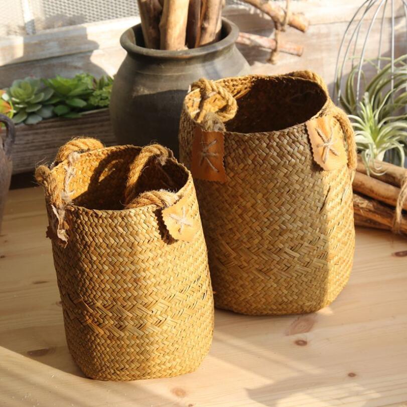 

Creative Hanging Rattan Pots Seagrass Woven Storage Baskets Garden Flower Vase Planter Potted Organizer Home Laundry Basket with Handle