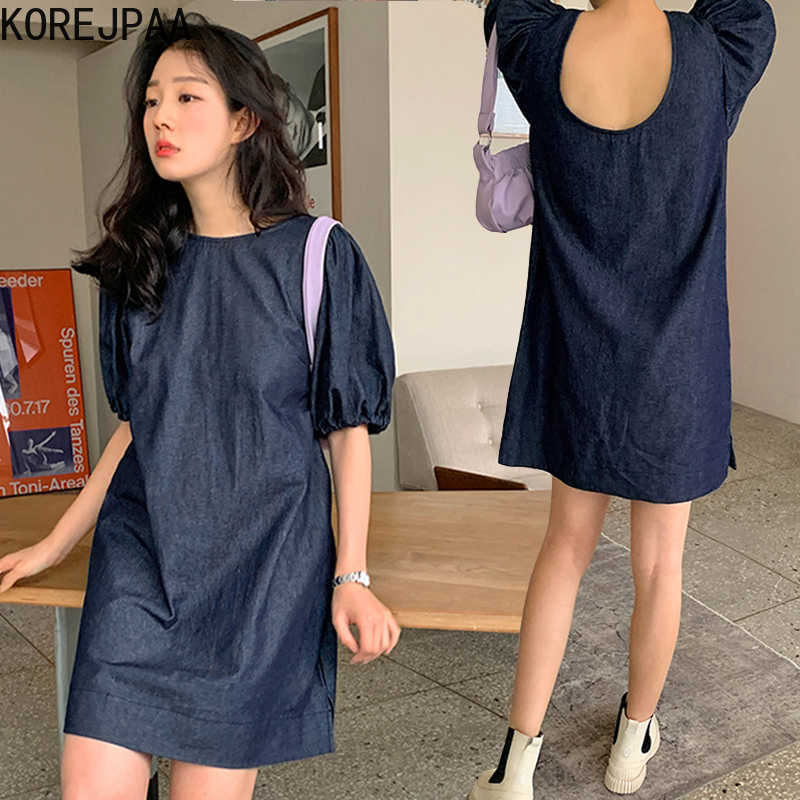 

Korejpaa Women Dress Summer Korean Fashion Retro Casual Round Neck Leaky Back U-shaped Hollow Out Split Denim Dresses 210526, Blue