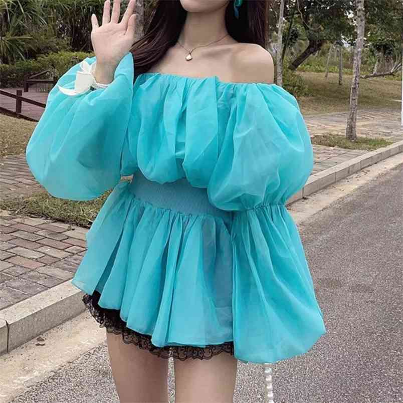 

Spring Summer Sexy Slash Neck Chiffon Blouses Women's Elegant Ladies Fashion Puff Sleeve Casual Sweet Top 210519, Photo color