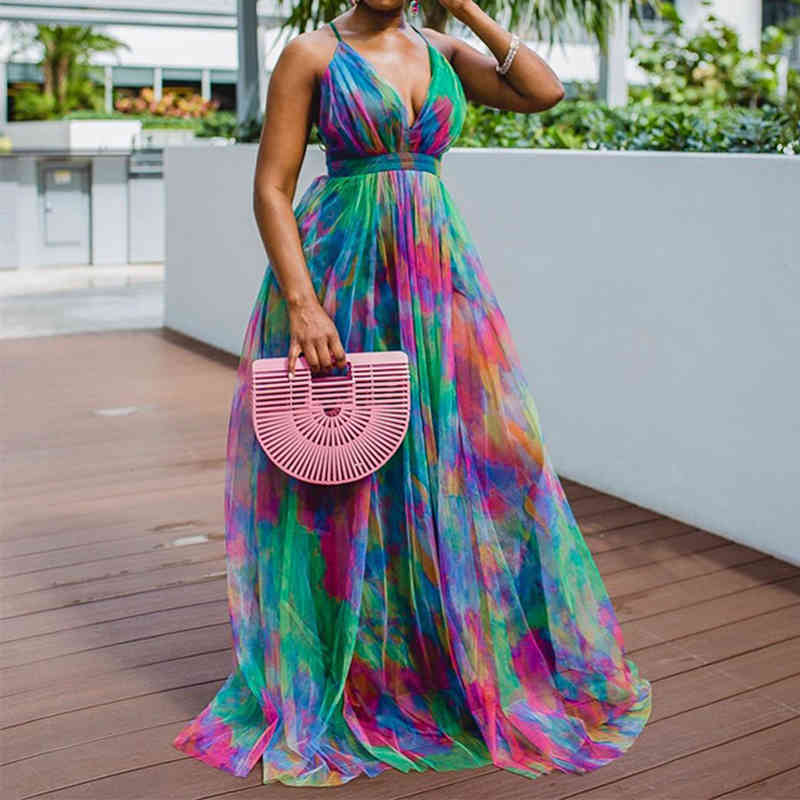 

Vintage Print Lace-Up Backless Long Dress Elegant Halter V Neck Sleeveless Party Dress Women Sexy Slim Elastic Waist Maxi Dress 210521, Blue
