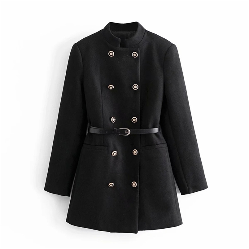 

Winter Long Coat Women Vintage Belted Double Breasted Pocket Sleeve Frock Black Woman Office Wear 210519