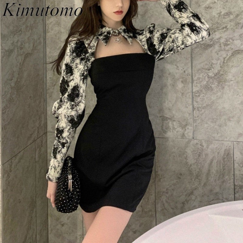 

Kimutomo Women Vintage Floral Print Mini Dress French Style Spring Chic Female Turn-down Collar Patchwork Bodycon Elegant 210521, Photo
