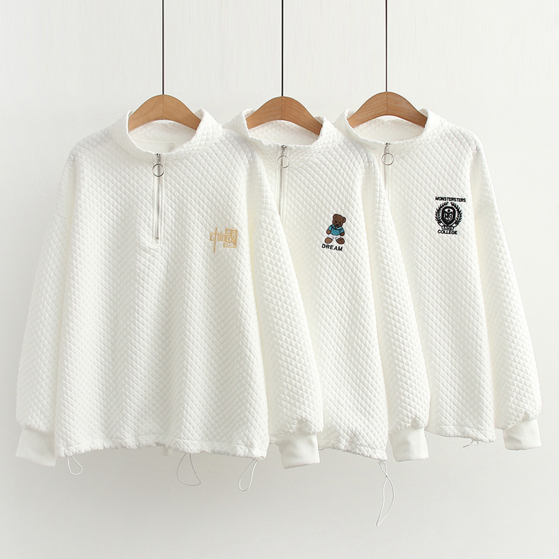 

grm15964 autumn new korean sweet half zipper cartoon embroidery pullover drawstring sweater casual women's top, Blue;black