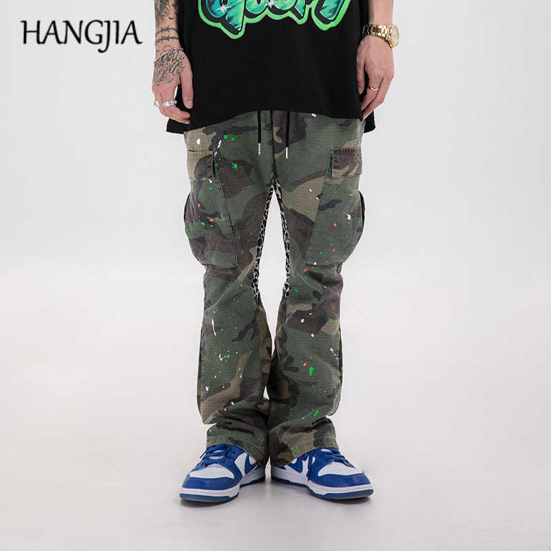 

Hip Hop Leopard Stitching Flared Trousers Fashion Splash Ink Camouflage Cargo Pants Streetwear Mens Camouflage Flare Pants C0607