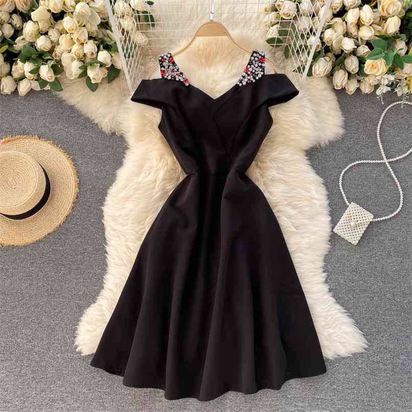 

Summer Women's Dress Diamond Decoration Off Shoulder Sexy Evening Party Ladies Elegant A-line Midi Plus Size 210603, Red