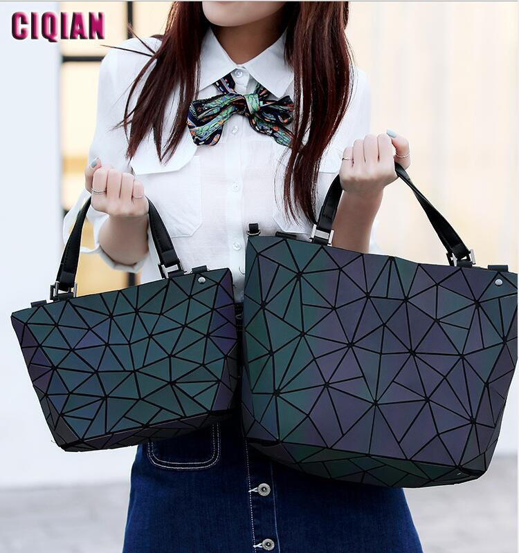 

luminous bag women geometry tote quilted shoulder crossbody hologram laser plain folding handbags geometric large capacity