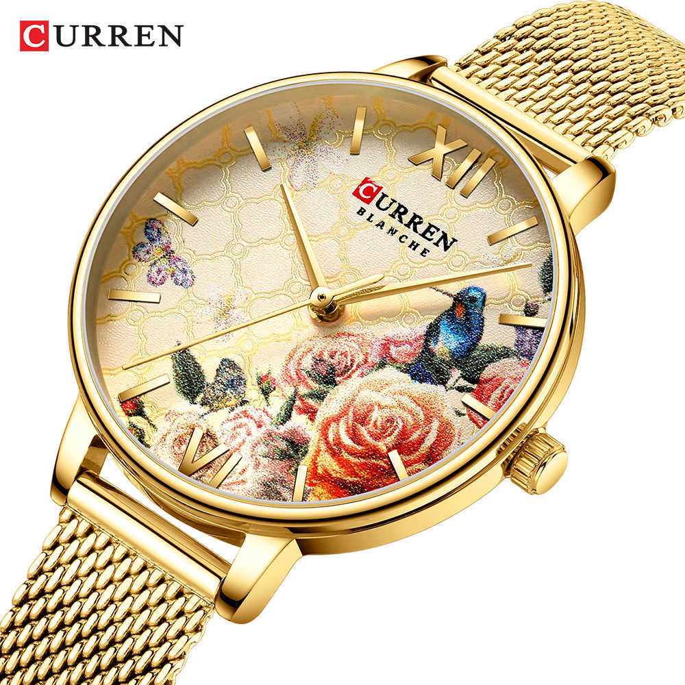 

Curren Watch Women Luxury Brand Charms Flower Ladies Wrist Watches Stainless Steel Gold For Montre Femme 210707, L-white pink
