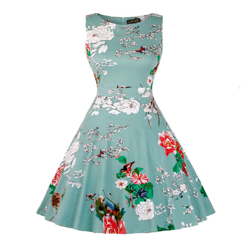 

Spring and Dresses Casual summer women' Hepburn printed round neck waist swing style dress, Hualan