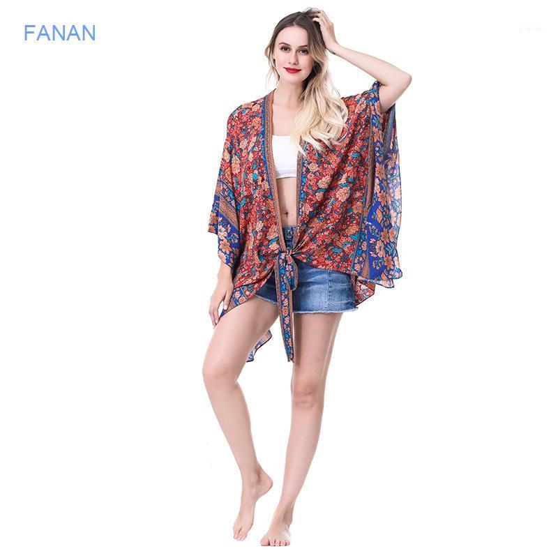 

Women's Swimwear Bali Seaside Resort Cardigan Short Sleeve Sunscreen Clothes Printed Pommel Kimono Blouse Medium Length Jacket, Red
