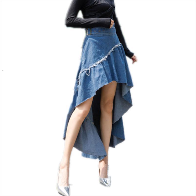 

vintage ruffle summer korean women skirt fashion high waist jeans low ladies american denim mermaid, Black