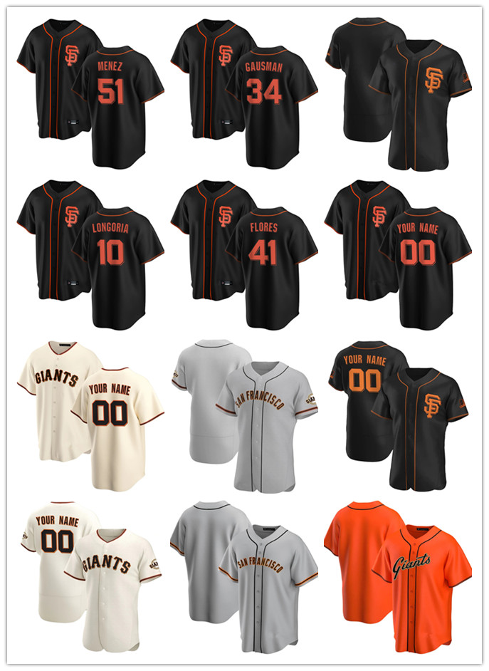 

Custom Men Youth San Francisco Giants 41 Wilmer Flores 34 Kevin Gausman 10 Evan Longoria 51 Conner Menez Baseball Jerseys, Blue;black