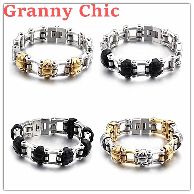 

Granny Chic 9" Long Cool Biker Mens Bracelet 316L Stainless Steel Chain Wristband Punk Skulls Motorcycle Link Jewelry Link,