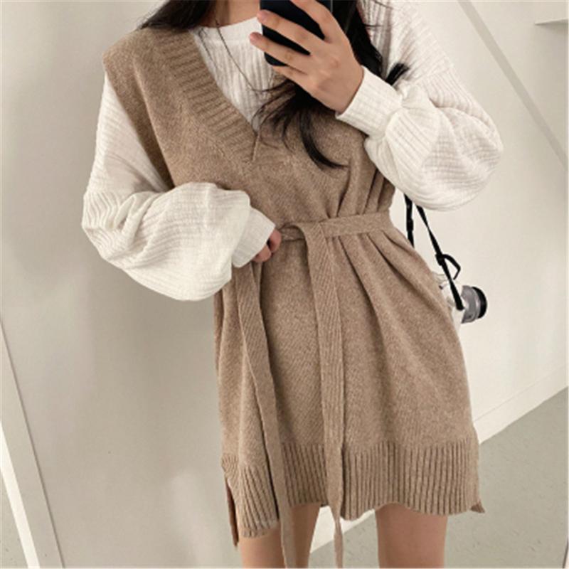 

Casual Dresses 2022 Autumn Winter Women V-Neck Split Knitted Lace Up Sleeveless Korean Style Elegant Lady Dress Pullovers ZY5310, Black;gray