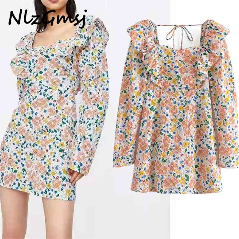 

Dress Woman Women Long Sleeve Ruffle Print Party Mini Vintage Bow Tie Casual es Clothes 03 210628, As picture