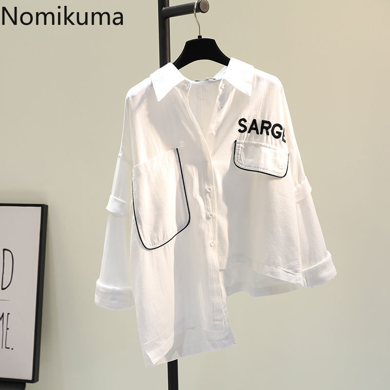 Nomikuma Irregular Blouses Spring Summer Women Tops Causal Korean Letters Embroidery Shirt Long Sleeve Blusas Mujer 6G468 210427