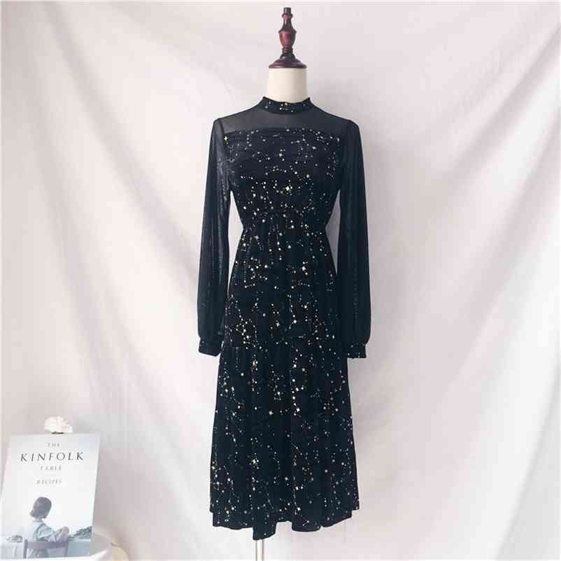 

Autumn Women Mesh Long Sleeves Patchwork A line Dress Female Beautiful Party Dresses A1428 210519, Blue