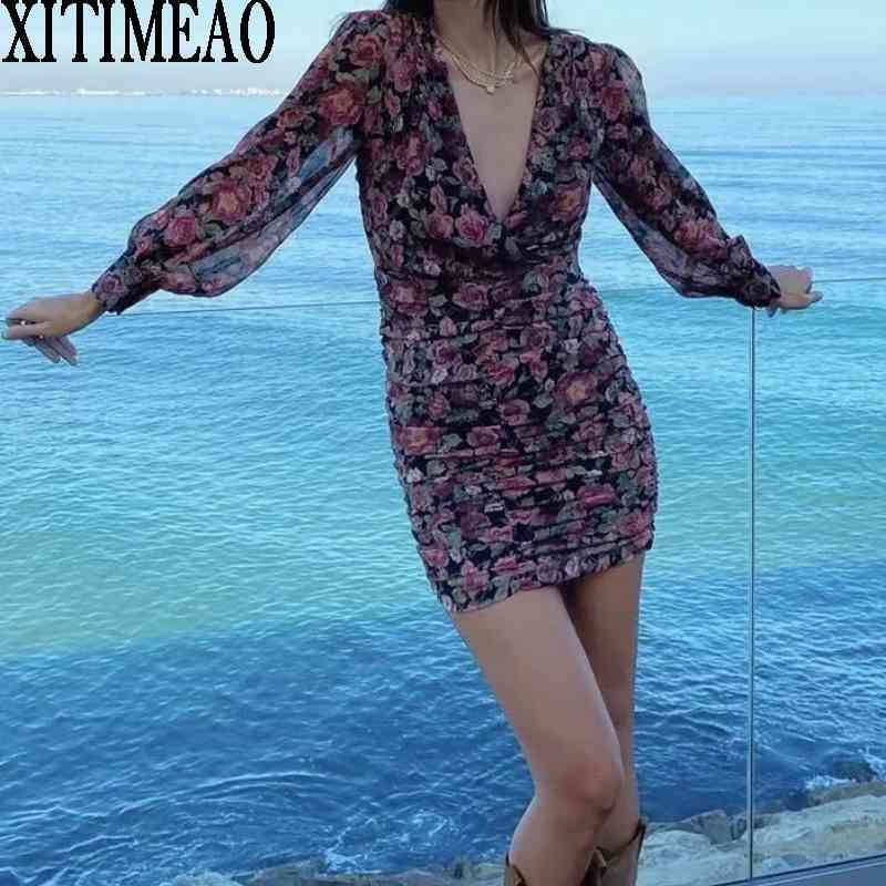 

ZA Women Vintage Print Dress Long Sleeve V-neck Simple Female Chiffon Skirt High Hip Mini 210604, Red