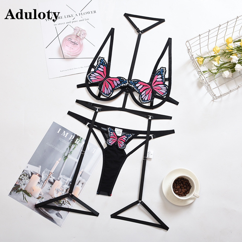 

New womens sexy butterfly applique garter lingerie set steel ring gathered hanging neck bra set net yarn thong underwear set, Red