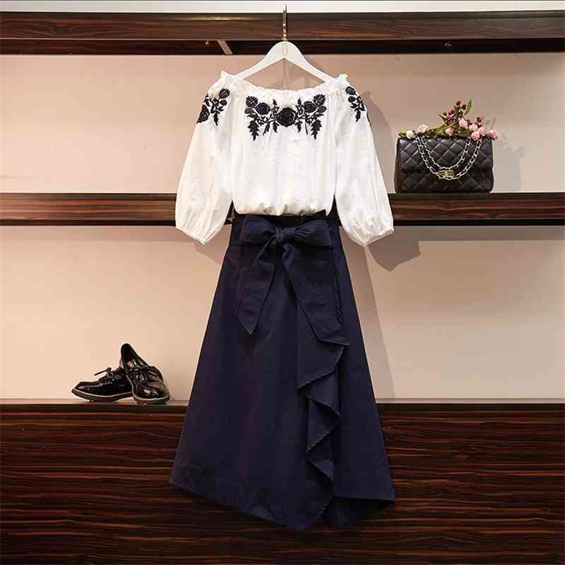 

Summer Autumn Women Retro Style Floral Sleeves Shirts + irregular Skirt 2 pcs sets Fashion Female Suits A1250 210519, Gray