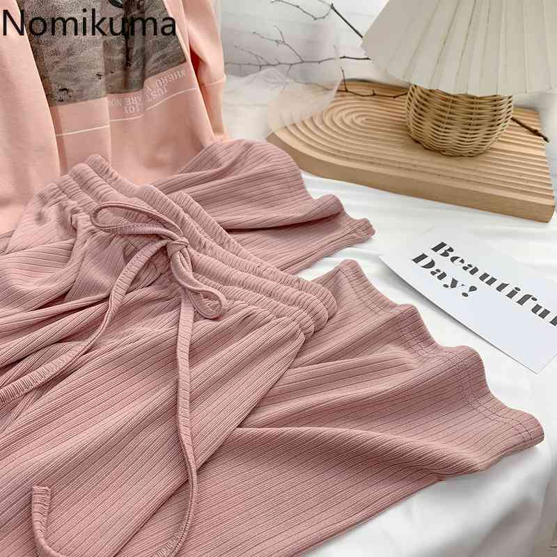 Nomikuma Ice Silk Knitted Wide Leg Pants Lace Up Stretch High Waist Women Trousers Causal Solid Korean Spring Summer Pants 6G077 210427