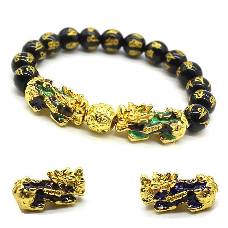 

Gold Plated six character proverbs of Buddhist beads imitation Obsidian Agate Bracelet, Golden;silver
