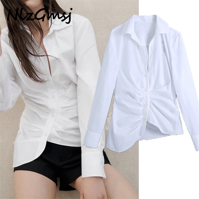 

Blouse Women Long Sleeve Spring Casual Chic Folds Asymmetric Hem Fashion Button Up Shirts Female Tops 03 210628, As picture