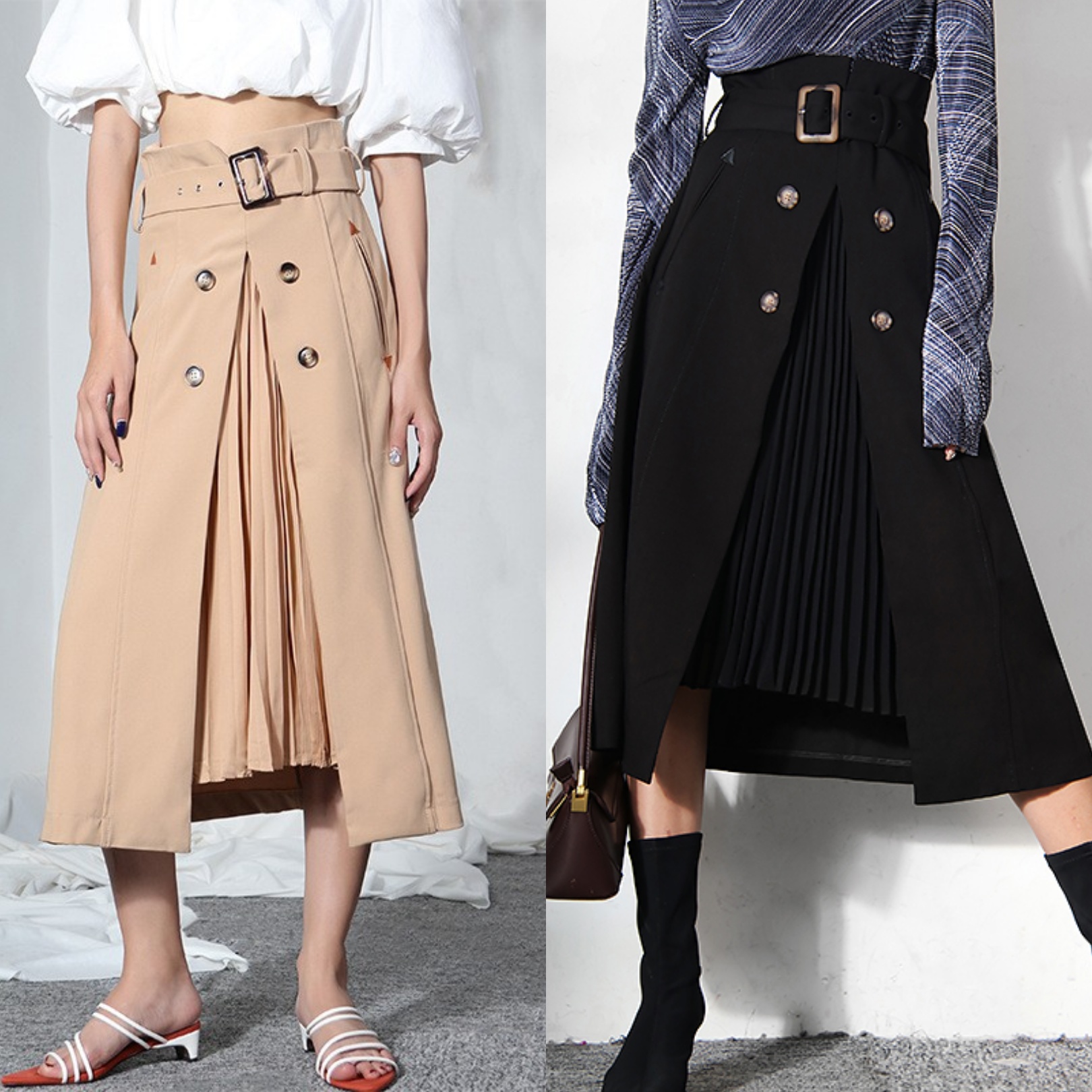 

Stitching pleated layered high waist belt fake two-piece skirt, Khaki