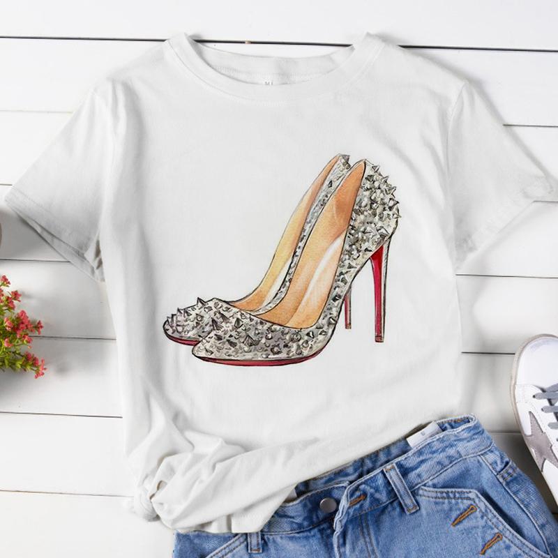 

Women' T-Shirt Crystal High Heels Graphic Print Women Harajuku Aesthetic White Tops Tshirt 2021 Summer Fashion Y2k Female T Shirt, 30449-pink