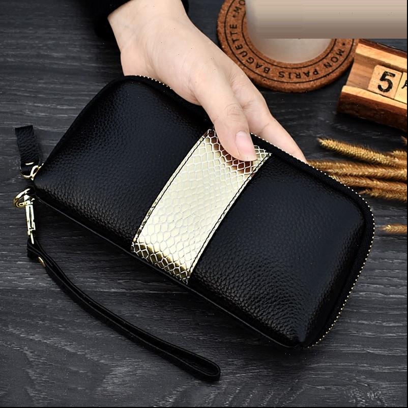 

ladies genuine leather clutch purses panelled long women wallet zipper wrist bag female coin purse mobile phone bolsa, Red;black